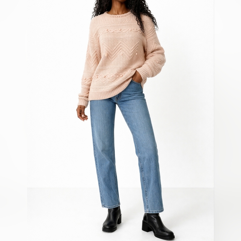 VINTAGE CHIC Textured Knit Tunic Sweater | M | Light Pink | Retro Boho